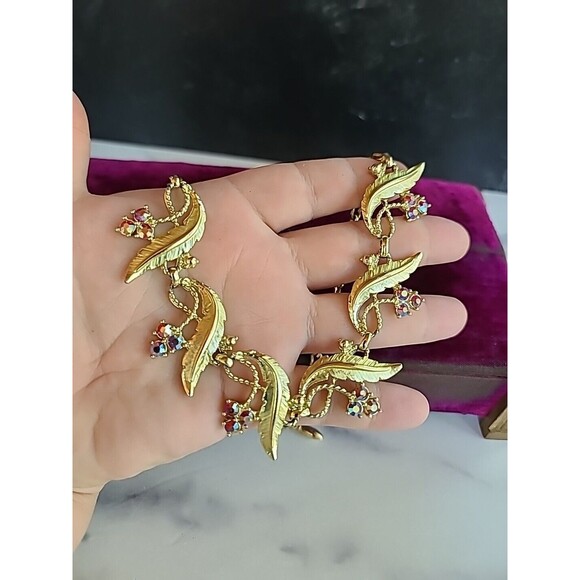 Judy Lee AB Pink Crystal Leaf Necklace Vintage - Picture 2 of 12